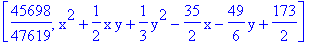[45698/47619, x^2+1/2*x*y+1/3*y^2-35/2*x-49/6*y+173/2]